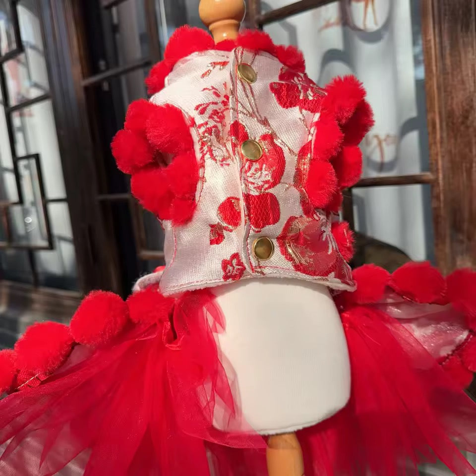Lucky Bloom Chinese New Year Dog Dress | Red & Gold Pom-Trim Cheongsam Style
