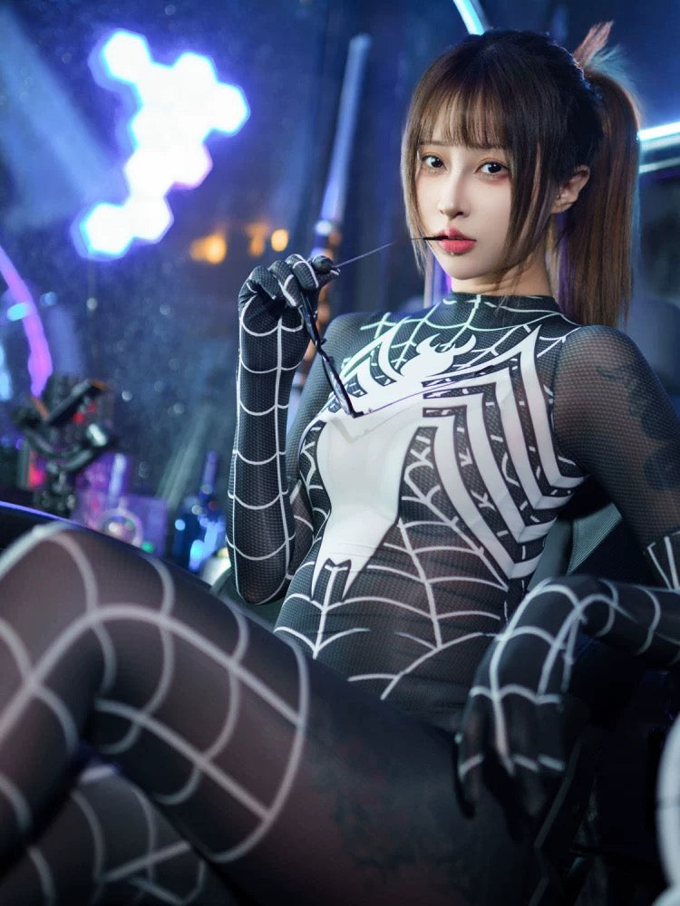 Symbiote Spider Girl Sheer 10D Nylon Full Bodysuit Body Stocking Lingerie