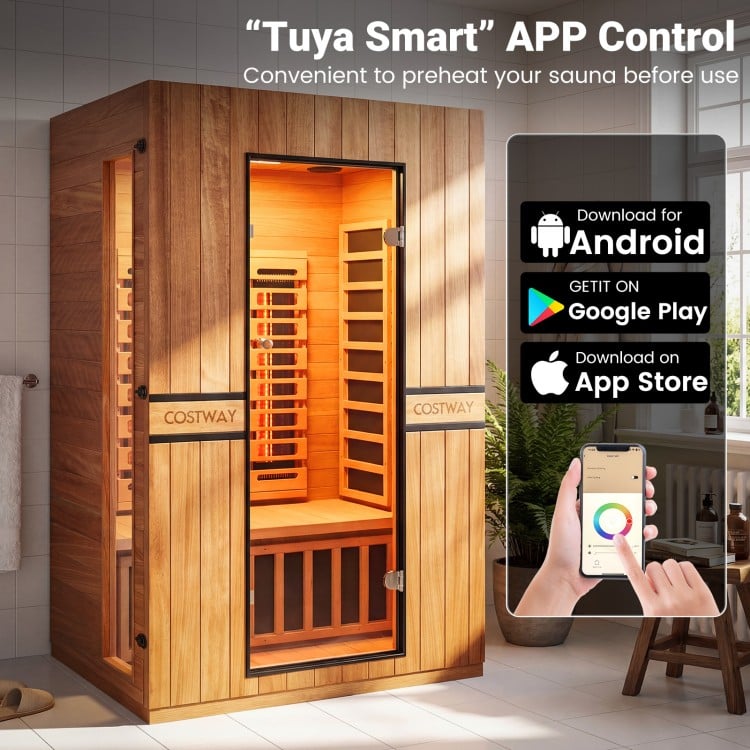 2026 Model-Premium Series-Costway 2-Person Dual Therapy Full Spectrum Infrared Sauna with Red Light Panel($900 Value), WiFi App Control, Chromotherapy & Bluetooth – Okoume Wood- Fully Loaded Indoor Spa