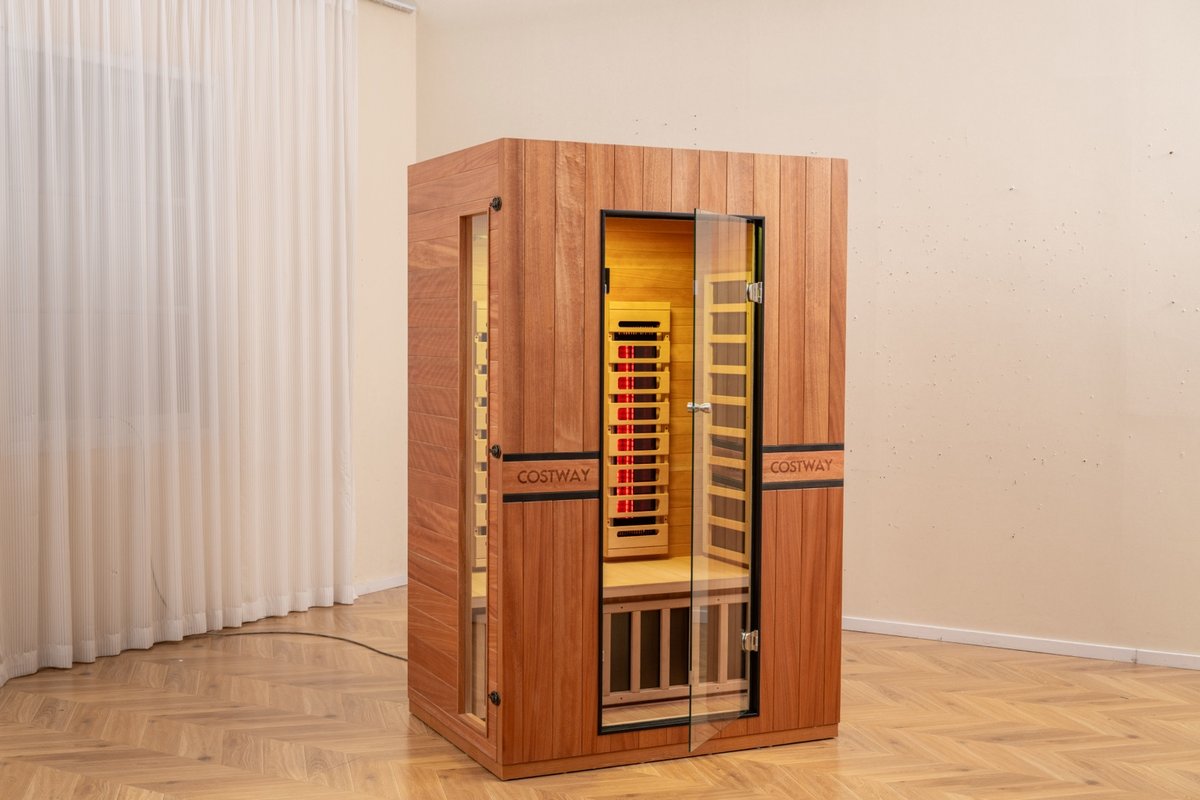 2026 Model-Premium Series-Costway 2-Person Dual Therapy Full Spectrum Infrared Sauna with Red Light Panel($900 Value), WiFi App Control, Chromotherapy & Bluetooth – Okoume Wood- Fully Loaded Indoor Spa