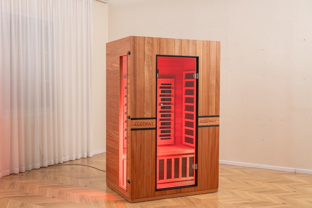 2026 Model-Premium Series-Costway 2-Person Dual Therapy Full Spectrum Infrared Sauna with Red Light Panel($900 Value), WiFi App Control, Chromotherapy & Bluetooth – Okoume Wood- Fully Loaded Indoor Spa