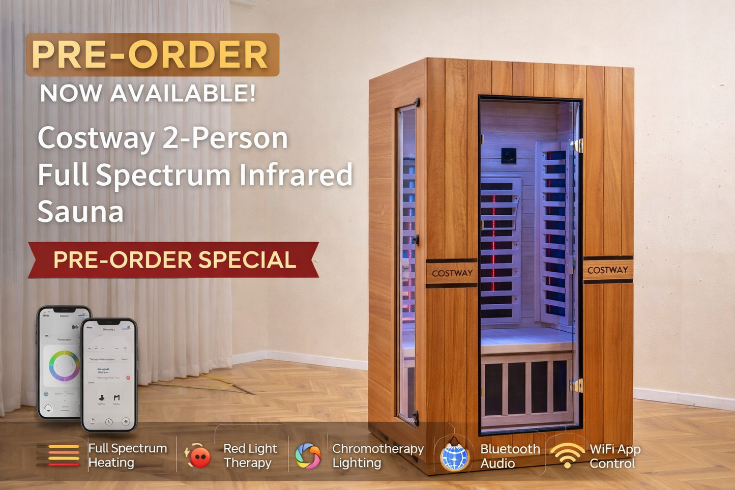 2026 Model-Premium Series-Costway 2-Person Dual Therapy Full Spectrum Infrared Sauna with Red Light Panel($900 Value), WiFi App Control, Chromotherapy & Bluetooth – Okoume Wood- Fully Loaded Indoor Spa