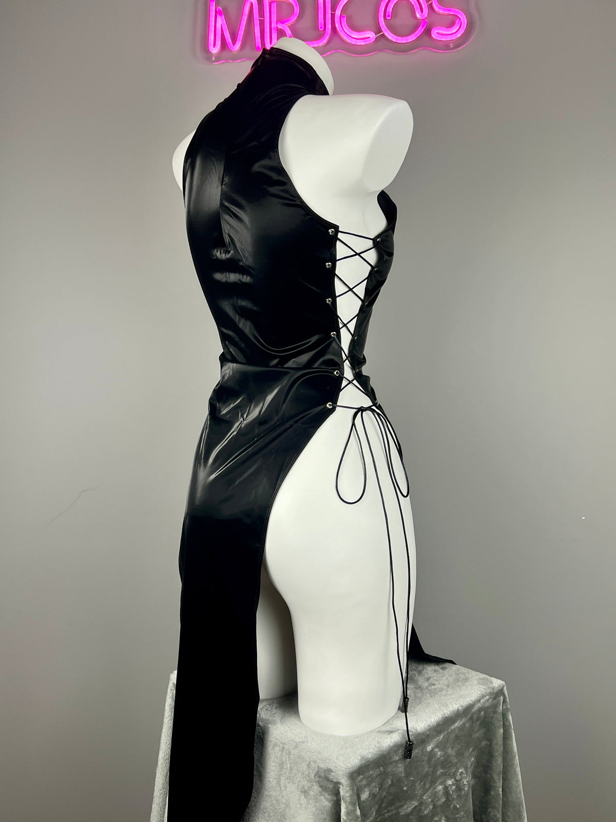 Vintage PU Leather Satin Cheongsam Lingerie Sexy Party Dress Costume