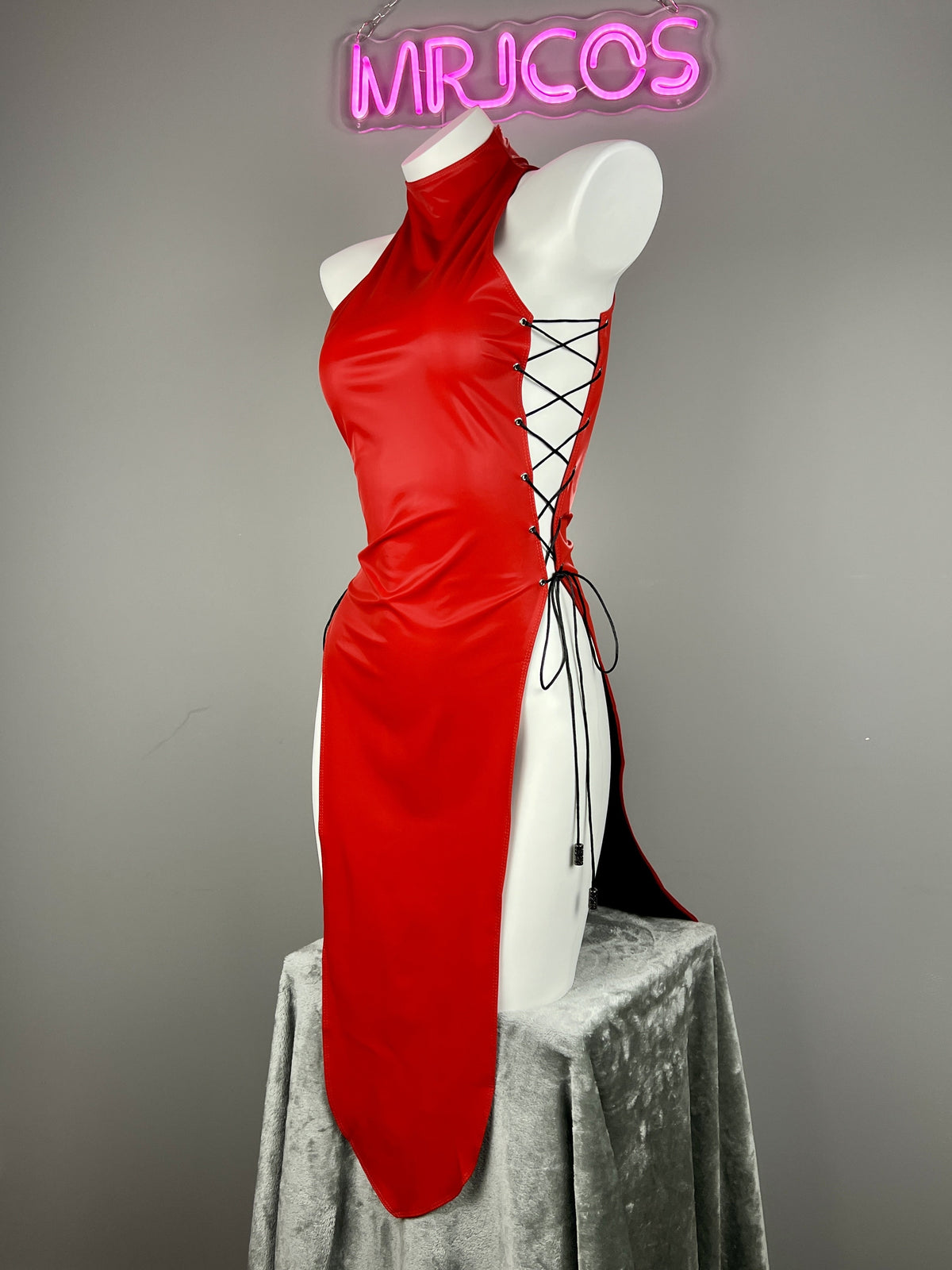 Vintage PU Leather Satin Cheongsam Lingerie Sexy Party Dress Costume