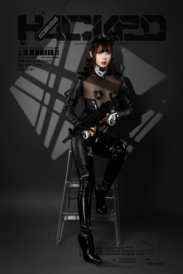 Tactical Anime Girl PU Leather Sheer Mesh Sexy Open Crotch Cosplay Full Bodysuit Costume