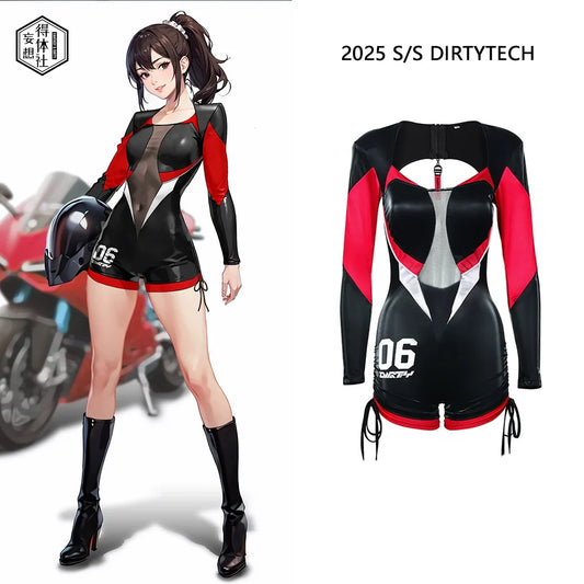 Black and Red One-Piece Spandex Race Queen Bodysuit Cotume with Sheer Mesh