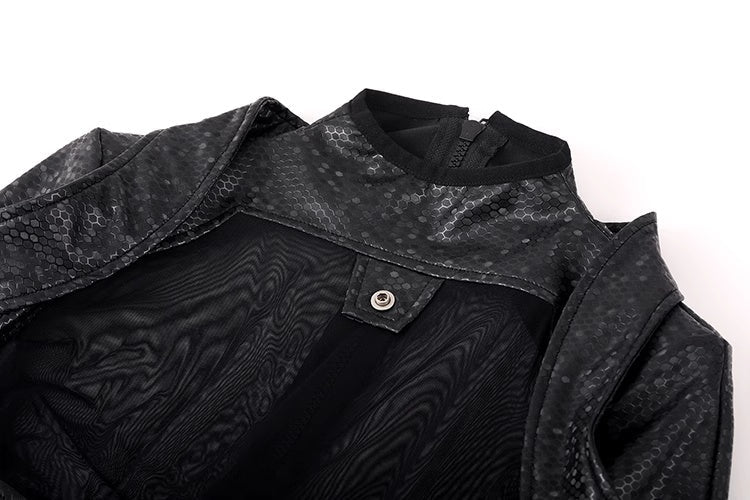Tactical Anime Girl PU Leather Sheer Mesh Sexy Open Crotch Cosplay Full Bodysuit Costume