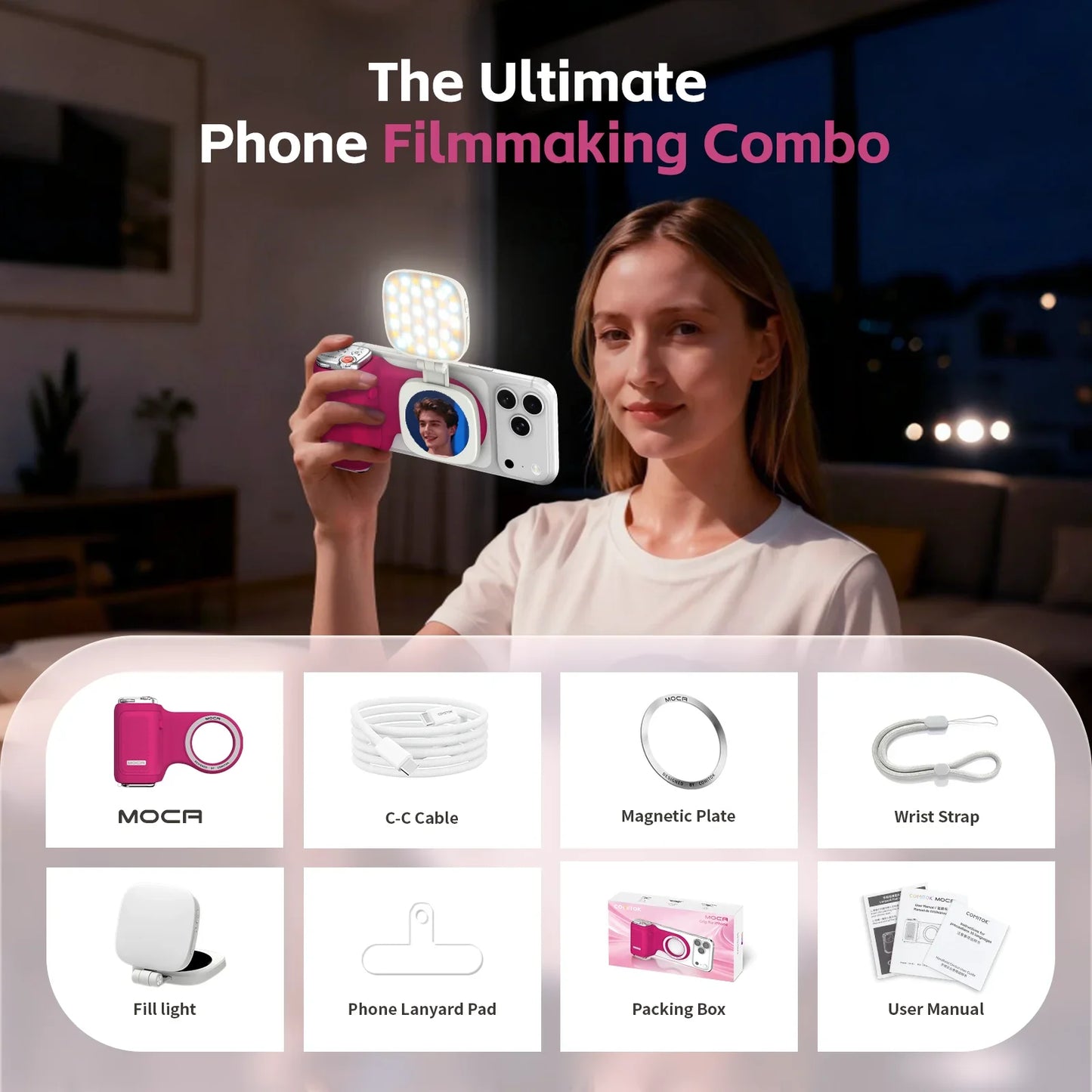COMITOK MOCA iPhone Shooting Grip,Detachable rechargeable Bluetooth remote,DSLR Shutter/Focus Lock+Optional Fill Light/Mirror