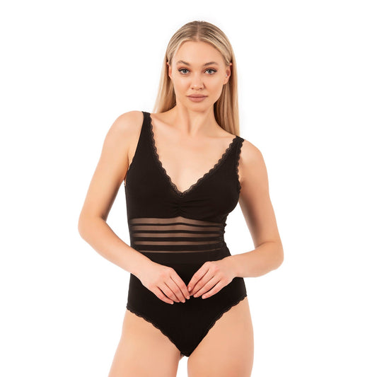 Women’s Cotton Bodysuit with Sheer Waist and Lace Trim