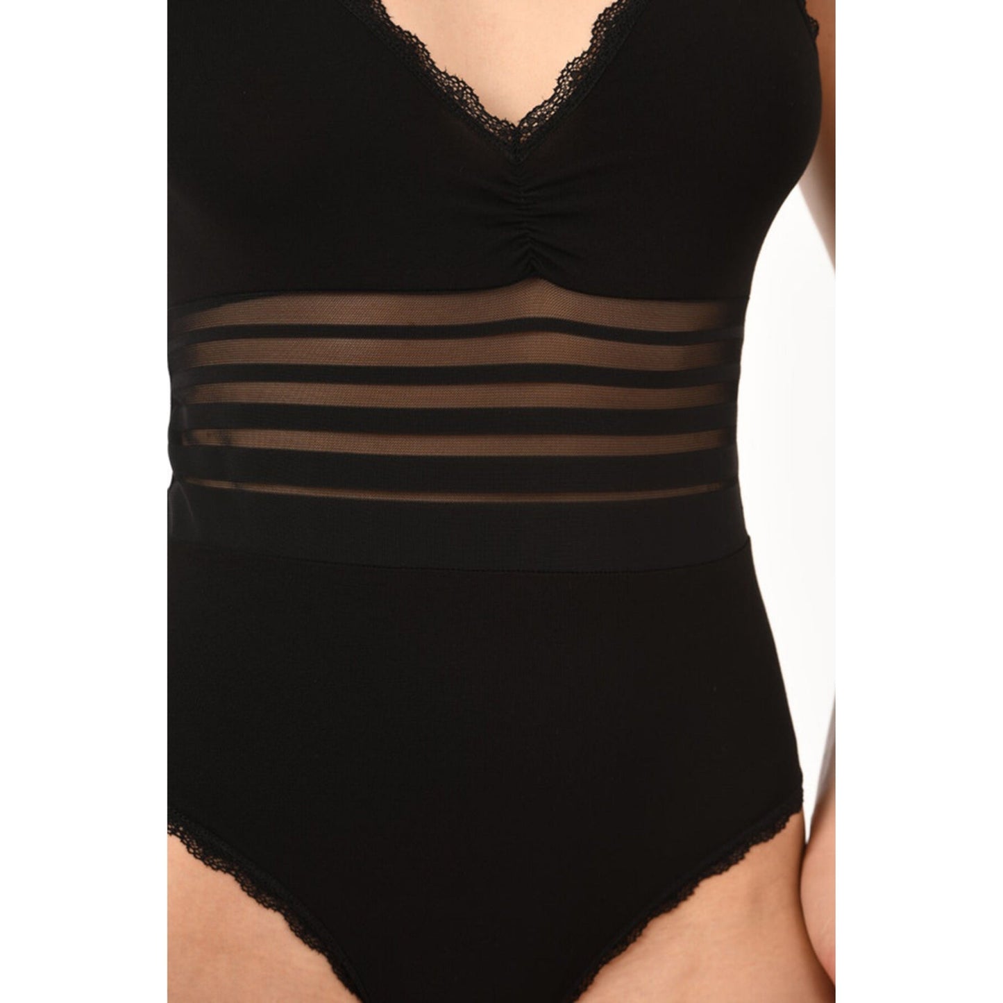 Women’s Cotton Bodysuit with Sheer Waist and Lace Trim