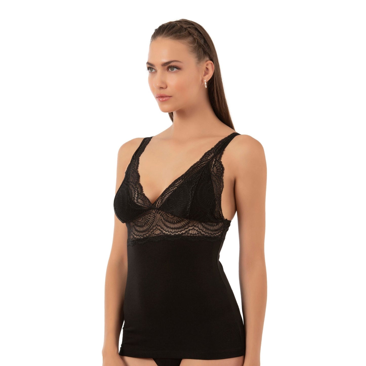 Women’s Lace Trim Cotton Modal Camisole with V-Neck and Wide Straps